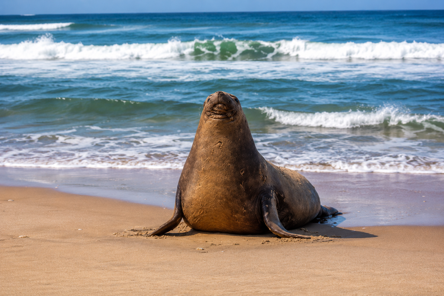 Seal resting on the beach beside the Atlantic Ocean